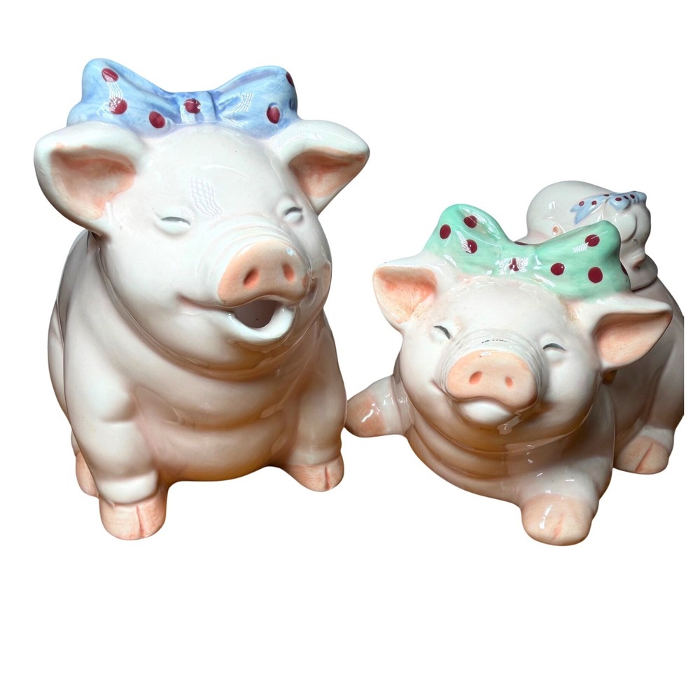Vintage Pig Creamer and Sugar Bowl Set Pink Ceramic Polka Dot Bows Farmhouse